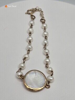 Mother of Pearl & Cultured Pearl Bracelet Gold Plated 925 Sterling Silver 7–8"